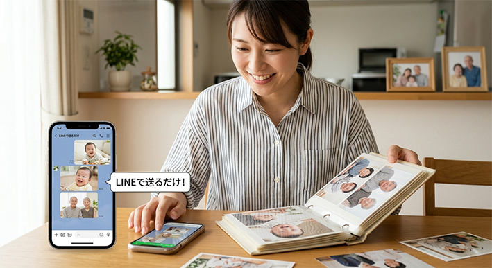 アルバムを眺める女性