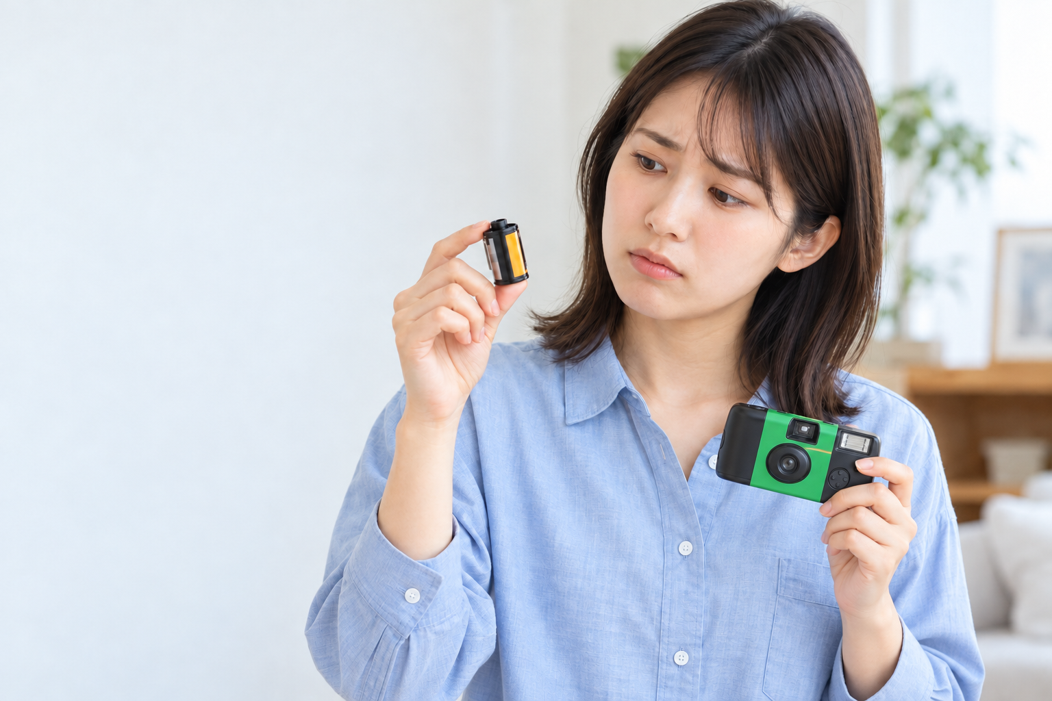 フィルムと使い捨てカメラを両手に、現像先を探している女性のイメージ